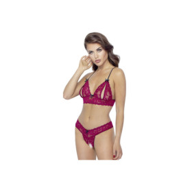 Soutien-gorge, bonnets ouverts, en dentelle rouge et string assorti 